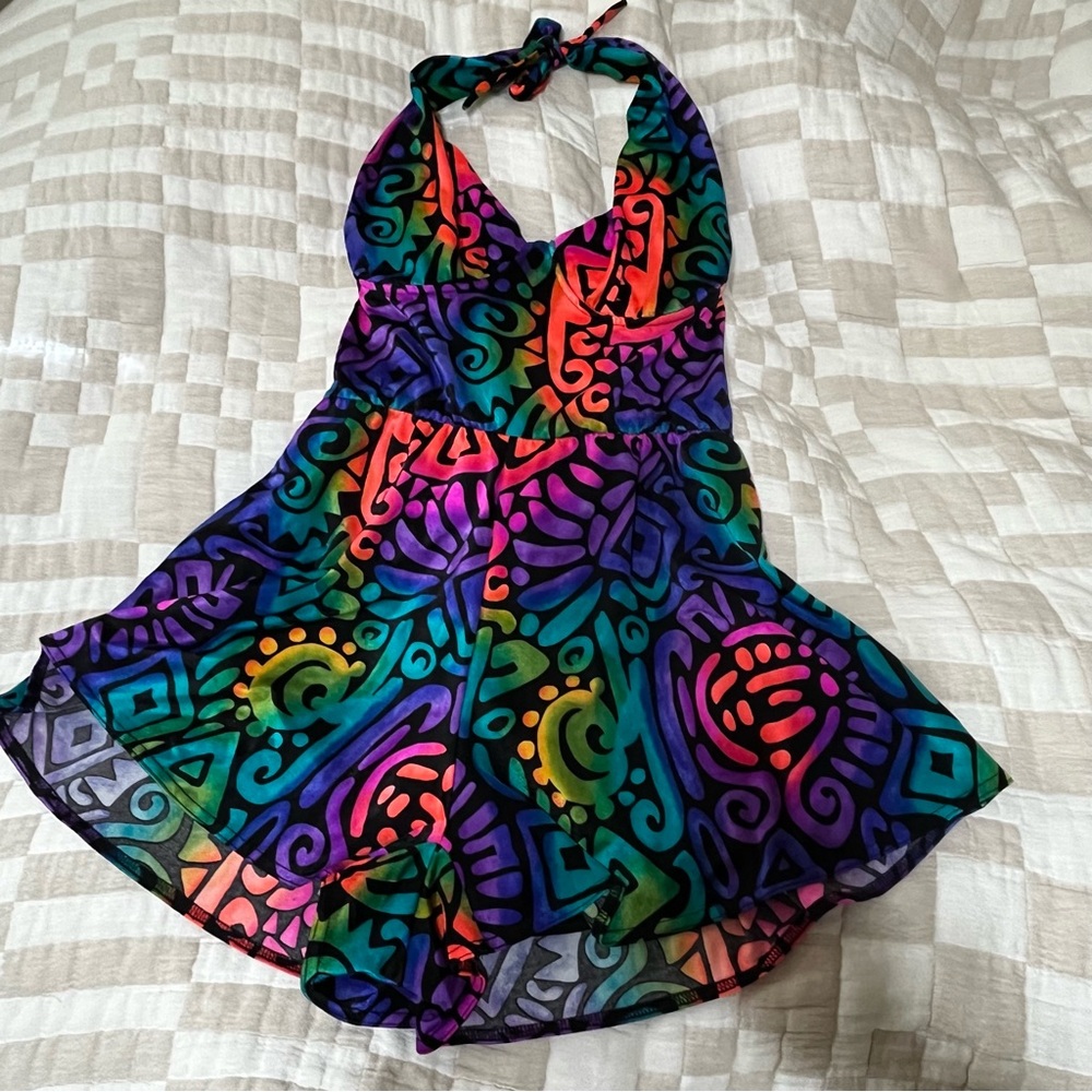Vtg Le Cove 90s Rainbow Graphic Tribal Print Swim Playsuit - Size 16